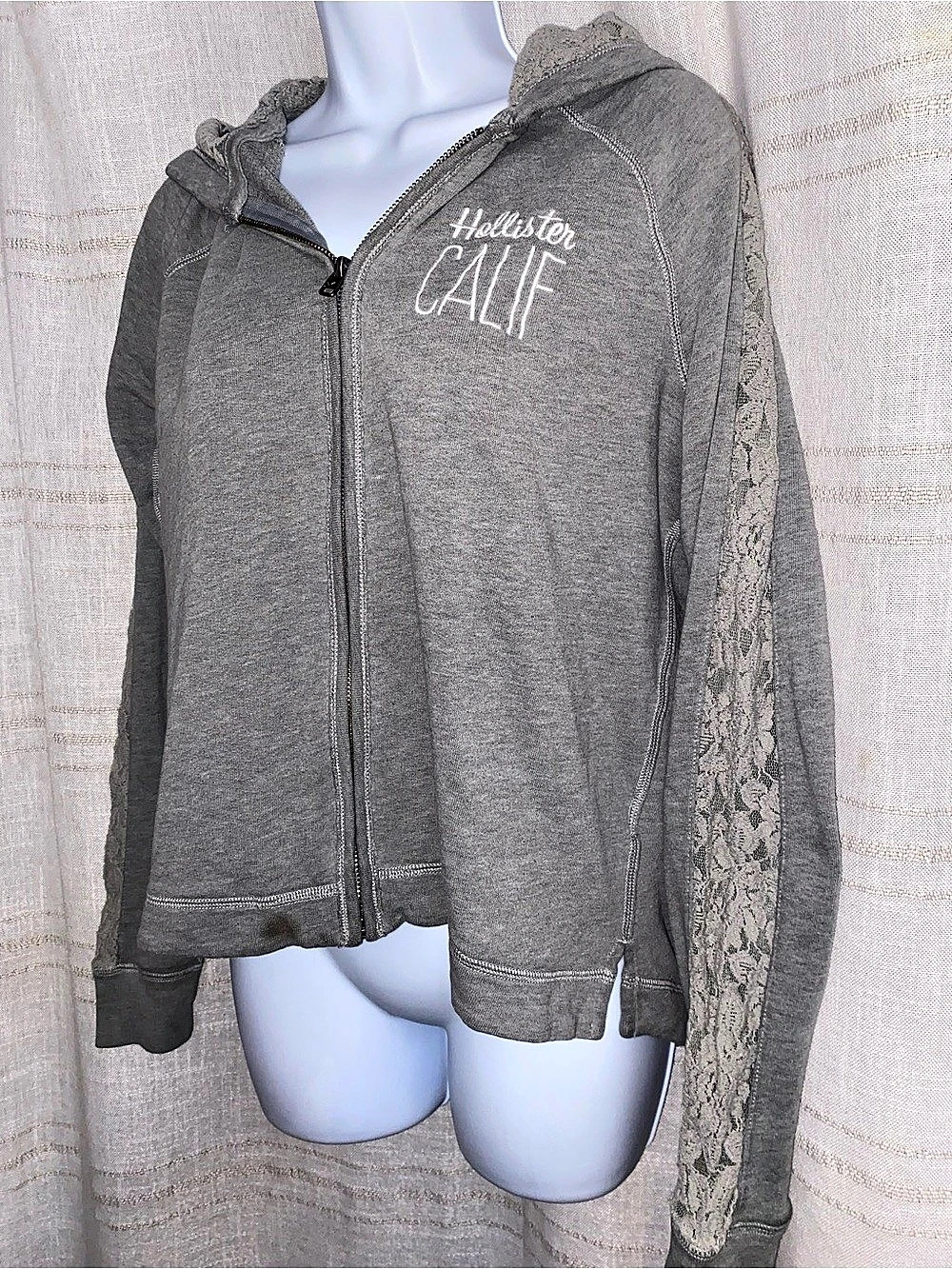 Vintage Hollister Y2K Gray Lace Trim Zip Up Hoodie Sweatshirt Full Zip Medium
